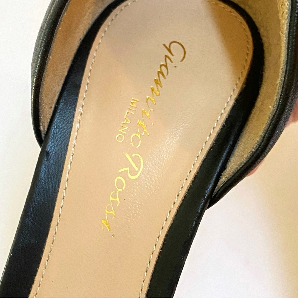 GIANVITO ROSSI BLACK GOLD LEATHER ANKLE STRAP OPEN TOE STILETTO HIGH HEELS - Picture 6 of 9